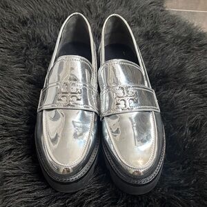 Tory Burch Metallic Silver Loafers